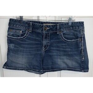 BKE Buckle Culture Jean Shorts Women’s 33 Whiskers Thick Stitch Mid Rise Stretch